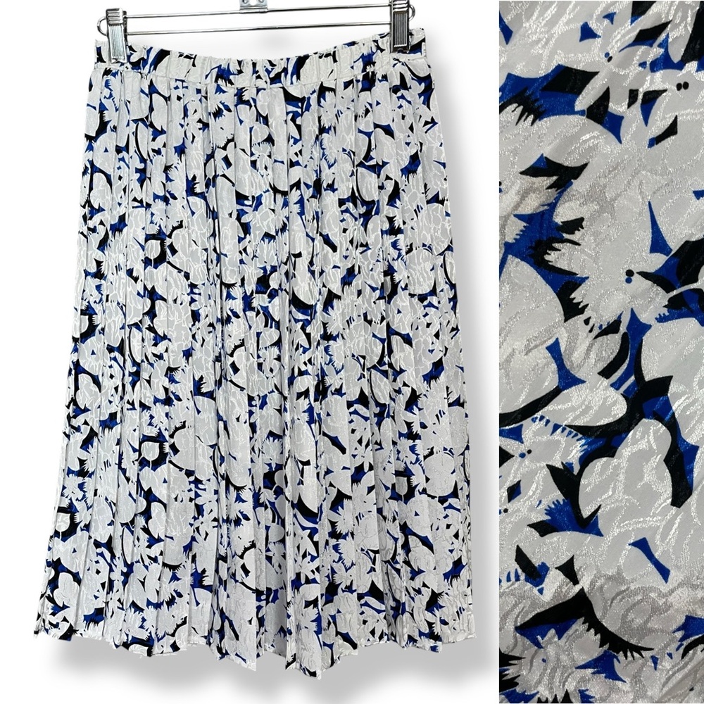 Pleated Skirt‎ Floral Iridescent Blue White Black Women Elastic Waistband Twee